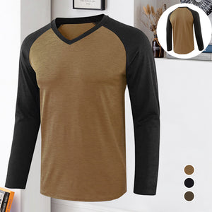 Langärmliges Fitness-T-Shirt mit V-Ausschnitt und Farbkontrast