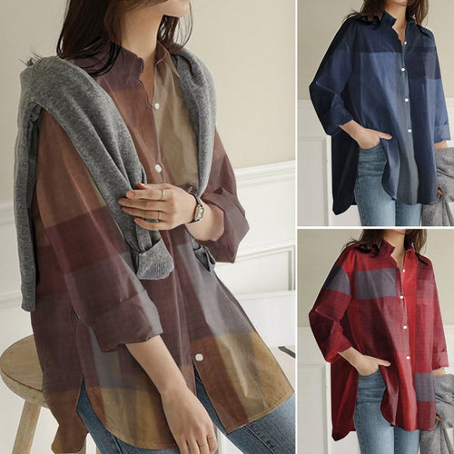 Karierte Unregelmäßige Bluse mit langen Ärmeln