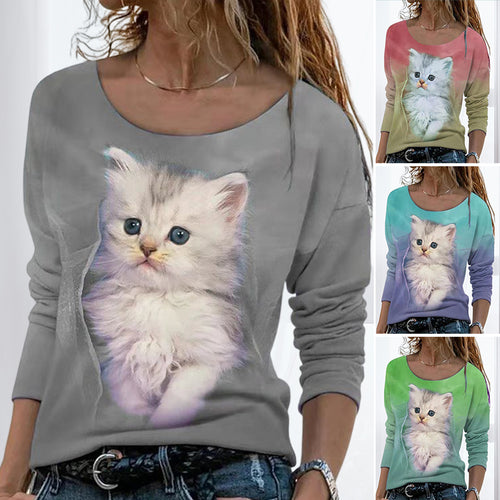 Langärmeliges Damen-T-Shirt mit Katzenmotiv