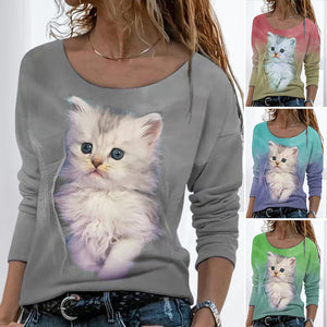 Langärmeliges Damen-T-Shirt mit Katzenmotiv
