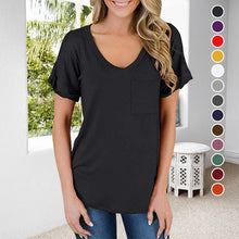Laden Sie das Bild in den Galerie-Viewer, Einfarbiges T-Shirt mit V-Ausschnitt und Tasche