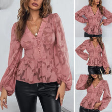 Laden Sie das Bild in den Galerie-Viewer, Einfarbiges Langärmeliges Chiffonhemd mit V-Ausschnitt und Jacquard