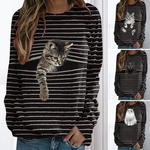 Gestreiftes T-Shirt mit Katzen-Print