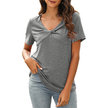 Laden Sie das Bild in den Galerie-Viewer, Damen kurzärmliges einfarbiges lockeres lässiges T-Shirt mit Kreuzausschnitt